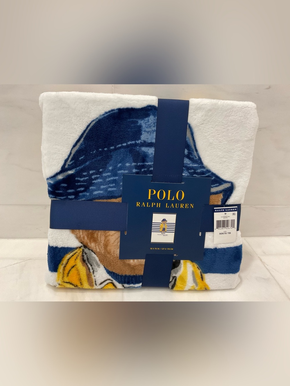 NWT POLO Ralph Lauren Striped YELLOW RAINCOAT BEAR 50” X 70” Fleece Blanket